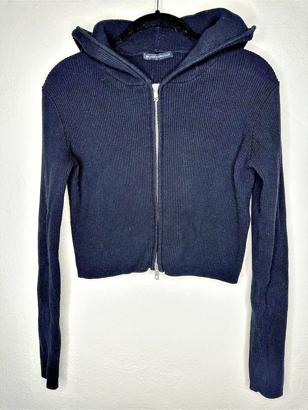 Brandy Melville Black Ribbed Zip Up Hoodie